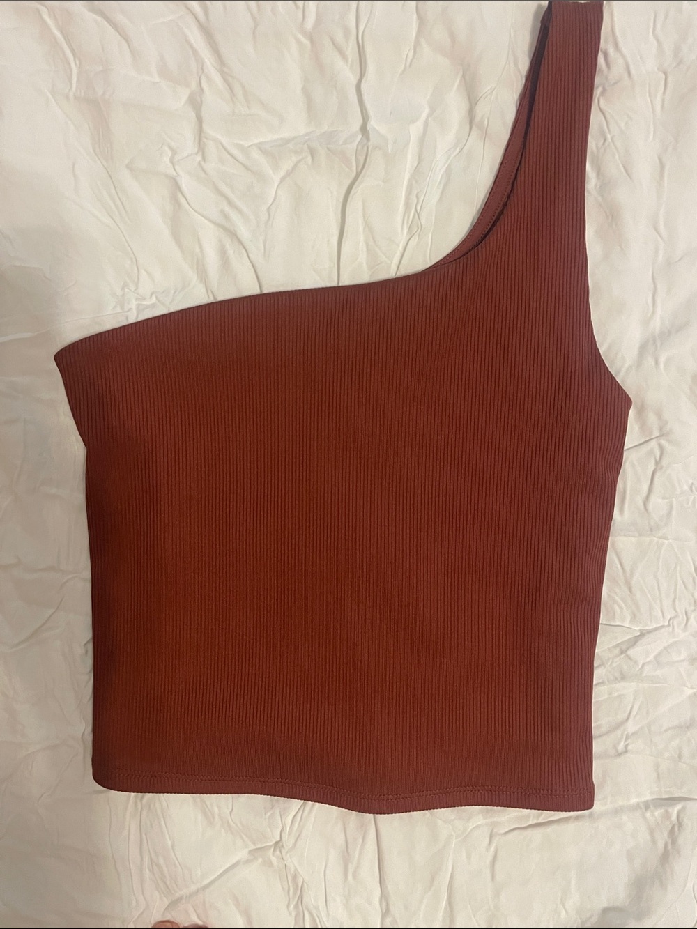 Express One-Shoulder Ribbed Crop Top in Brick Red